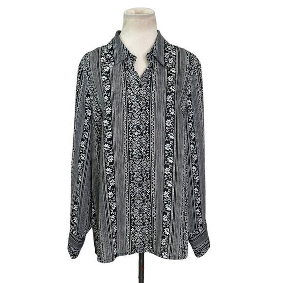 LANE BRYANT Black Printed Stripes Sheer Long Sleeve Buttoned Shirt size 14/16 - Picture 1 of 10